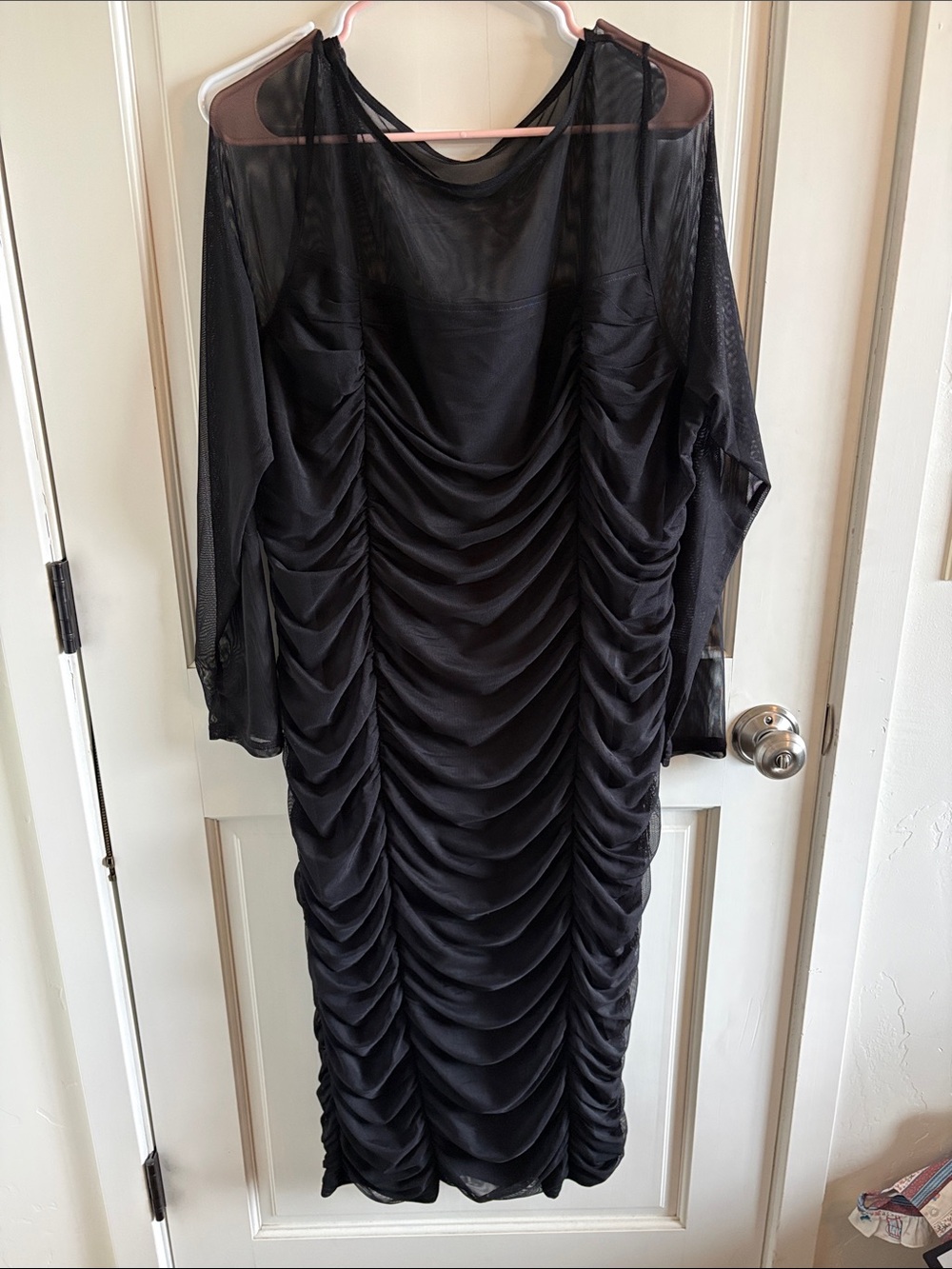 torrid Black Ruched Midi Dress with Sheer Mesh Sleeves